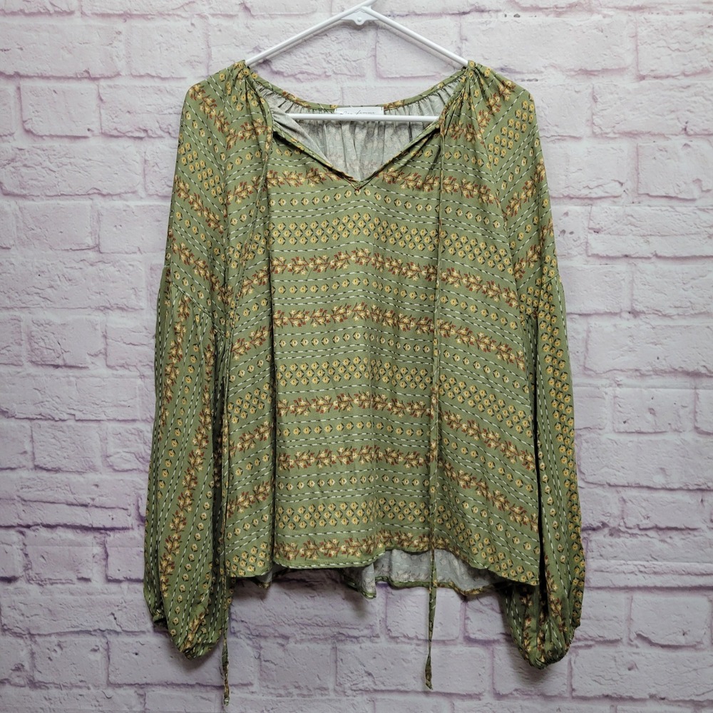 Ces Femme Green Boho Floral Peasant Top Sz M Balloon Sleeve Cottagecore Hippie